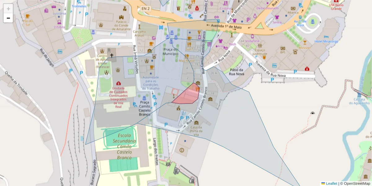 Mapa detalhado do código postal 5000-709 com limites, códigos postais vizinhos e agências dos correios