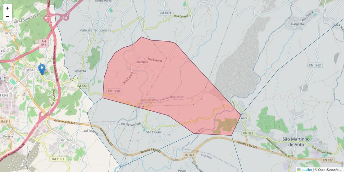 Mapa detalhado do código postal 5000-752 com limites, códigos postais vizinhos e agências dos correios
