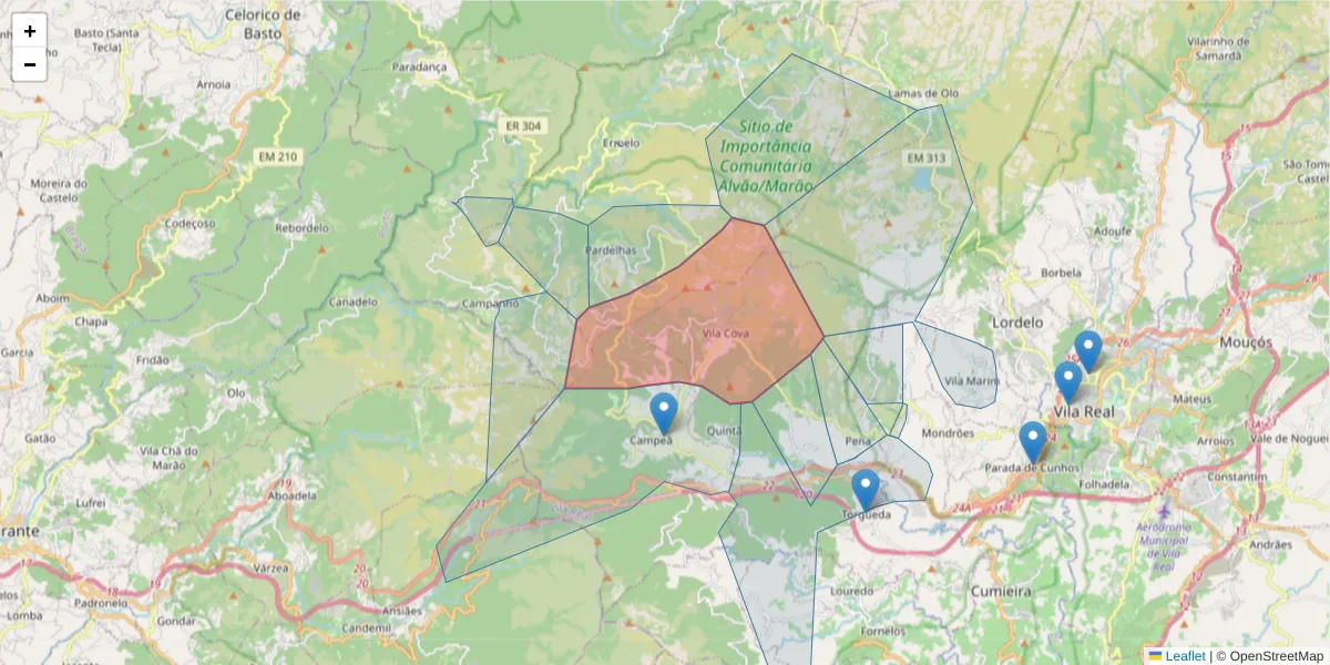 Mapa detalhado do código postal 5000-761 com limites, códigos postais vizinhos e agências dos correios