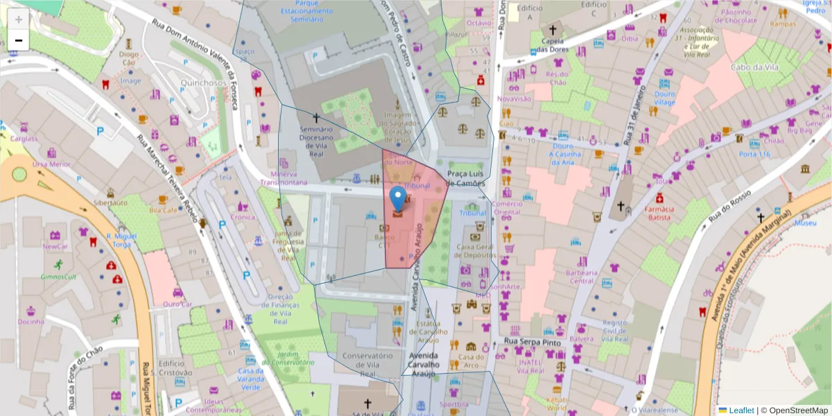 Mapa detalhado do código postal 5000-999 com limites, códigos postais vizinhos e agências dos correios