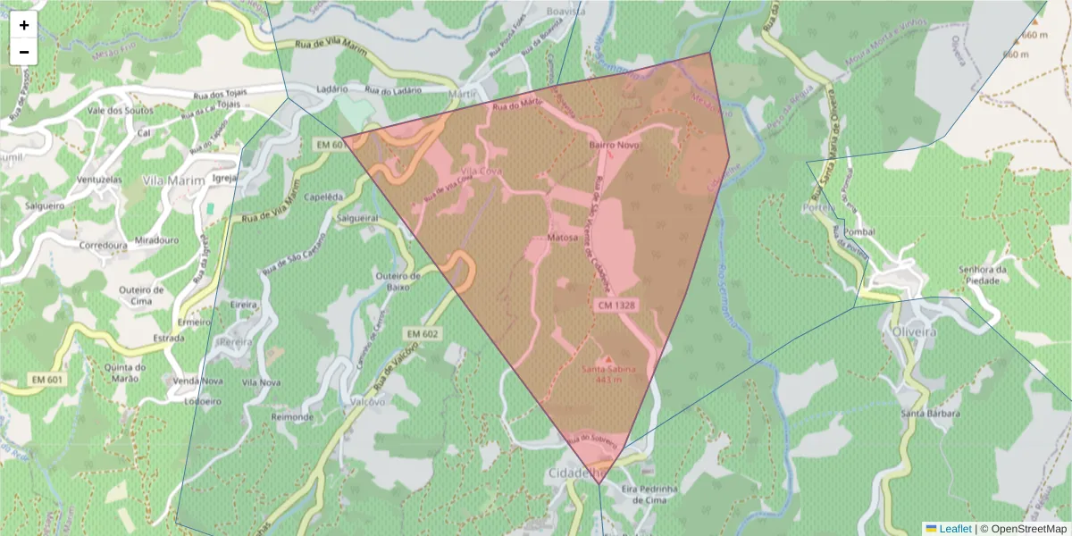 Mapa detalhado do código postal 5040-154 com limites, códigos postais vizinhos e agências dos correios