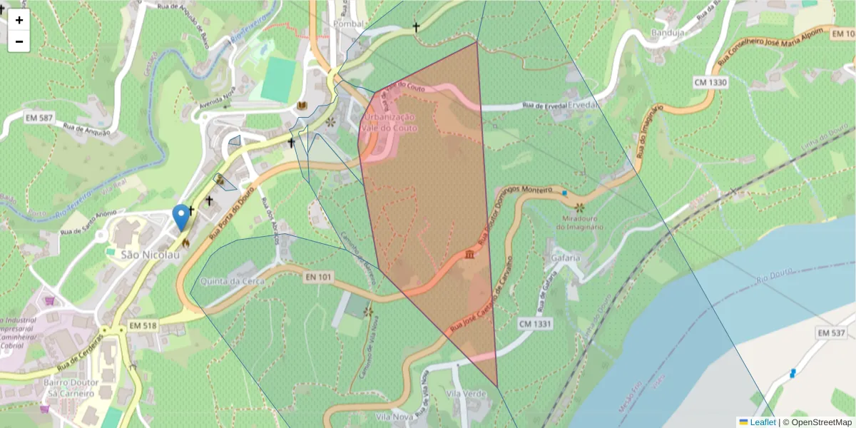 Mapa detalhado do código postal 5040-300 com limites, códigos postais vizinhos e agências dos correios