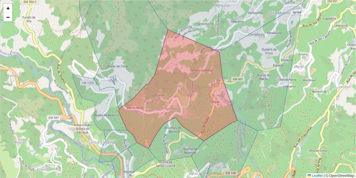 Mapa detalhado do código postal 5040-304 com limites, códigos postais vizinhos e agências dos correios