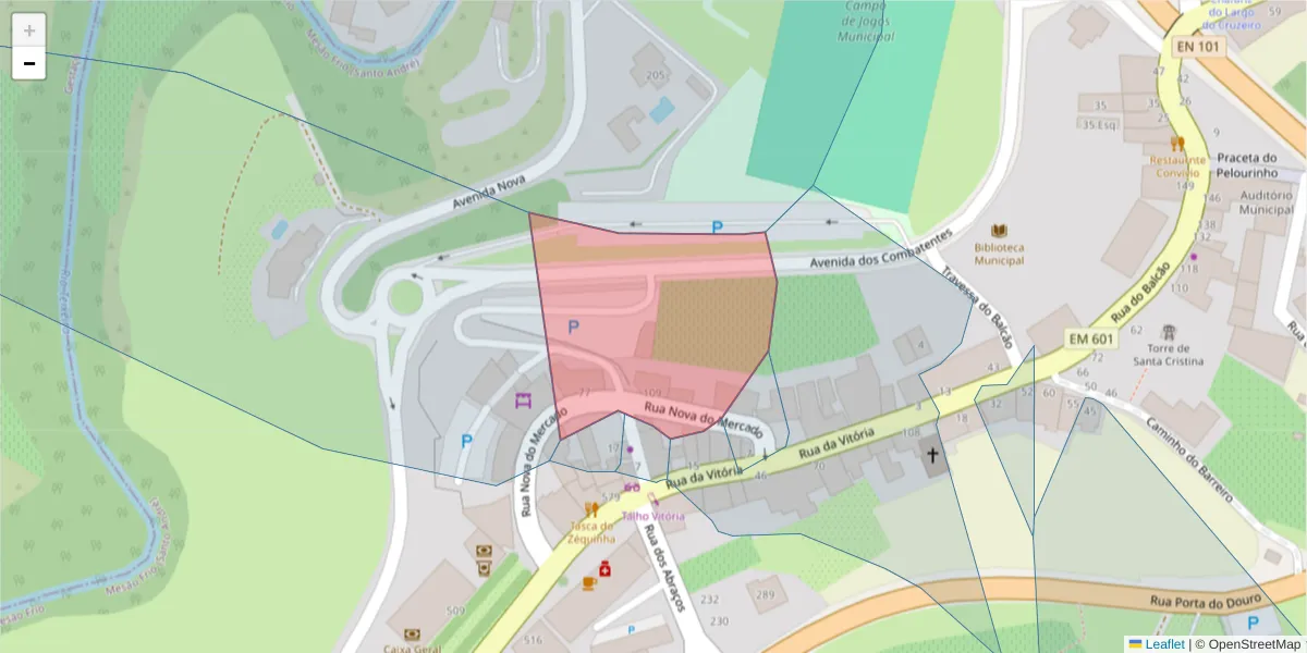 Mapa detalhado do código postal 5040-321 com limites, códigos postais vizinhos e agências dos correios