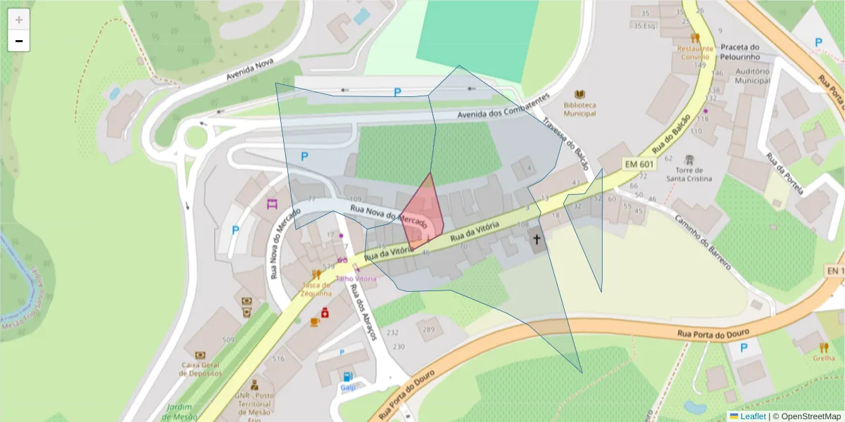 Mapa detalhado do código postal 5040-323 com limites, códigos postais vizinhos e agências dos correios