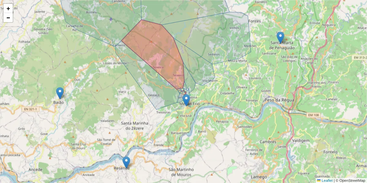 Mapa detalhado do código postal 5040-332 com limites, códigos postais vizinhos e agências dos correios