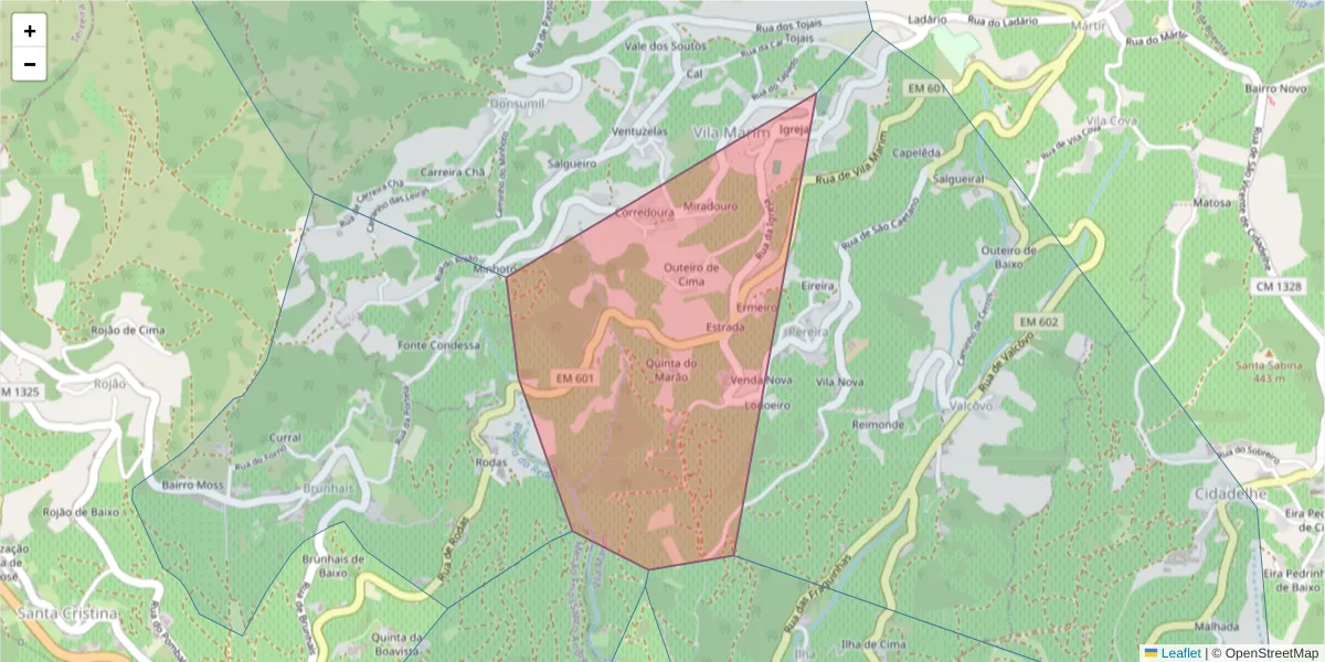 Mapa detalhado do código postal 5040-460 com limites, códigos postais vizinhos e agências dos correios