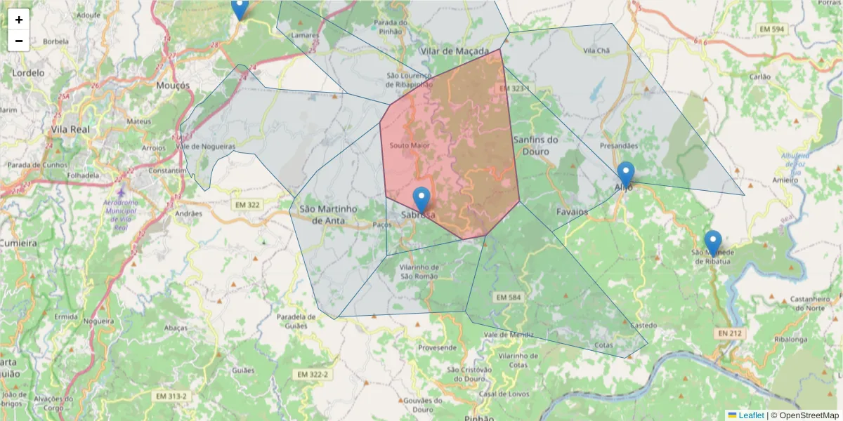 Mapa detalhado do código postal 5060-322 com limites, códigos postais vizinhos e agências dos correios