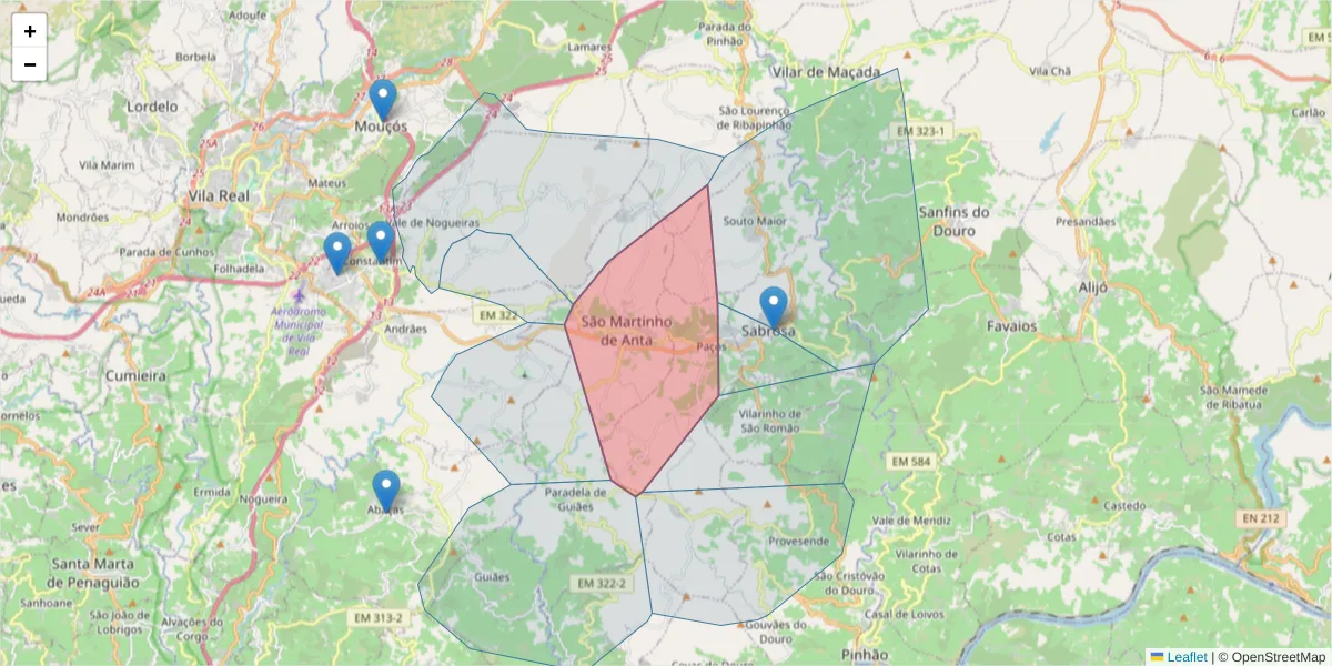 Mapa detalhado do código postal 5060-424 com limites, códigos postais vizinhos e agências dos correios