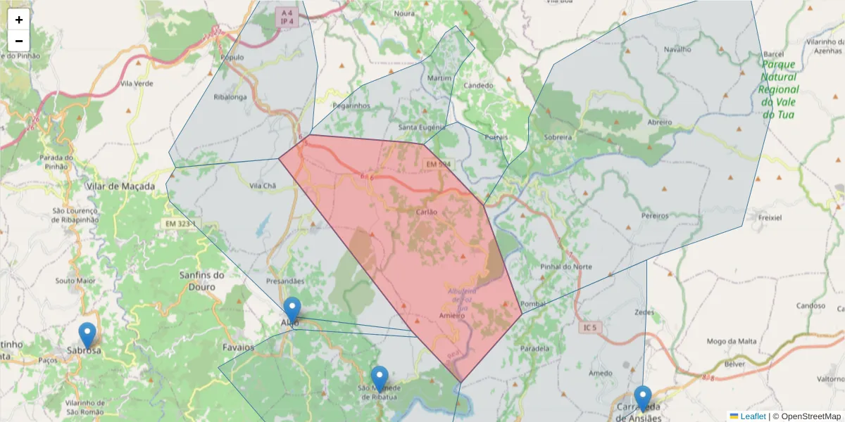 Mapa detalhado do código postal 5070-201 com limites, códigos postais vizinhos e agências dos correios