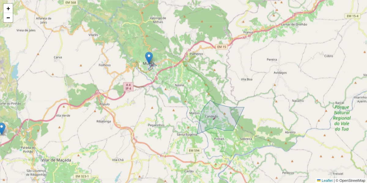 Mapa detalhado do código postal 5090-000 com limites, códigos postais vizinhos e agências dos correios