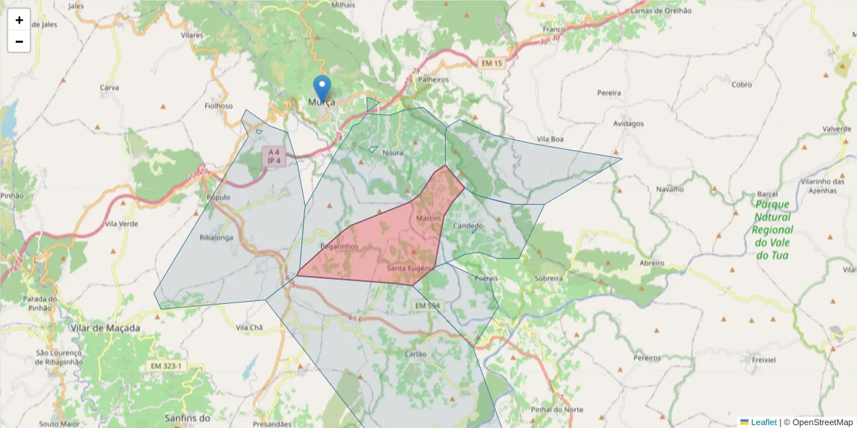 Mapa detalhado do código postal 5090-012 com limites, códigos postais vizinhos e agências dos correios