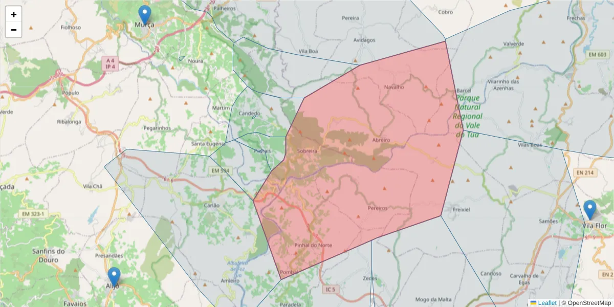 Mapa detalhado do código postal 5090-017 com limites, códigos postais vizinhos e agências dos correios