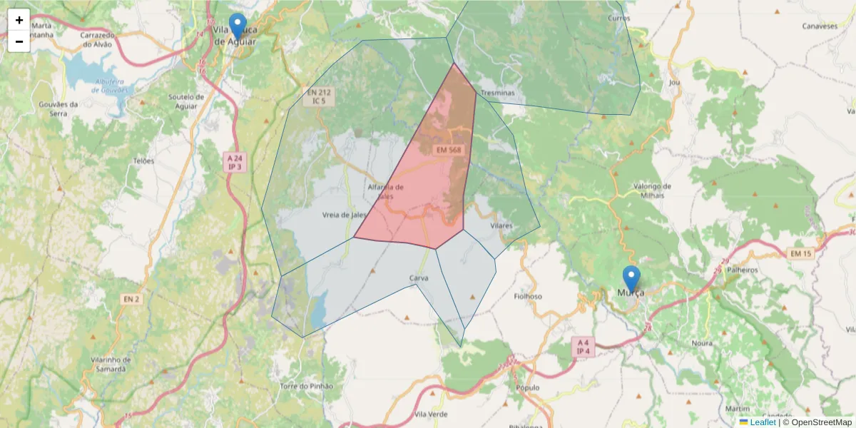 Mapa detalhado do código postal 5090-032 com limites, códigos postais vizinhos e agências dos correios