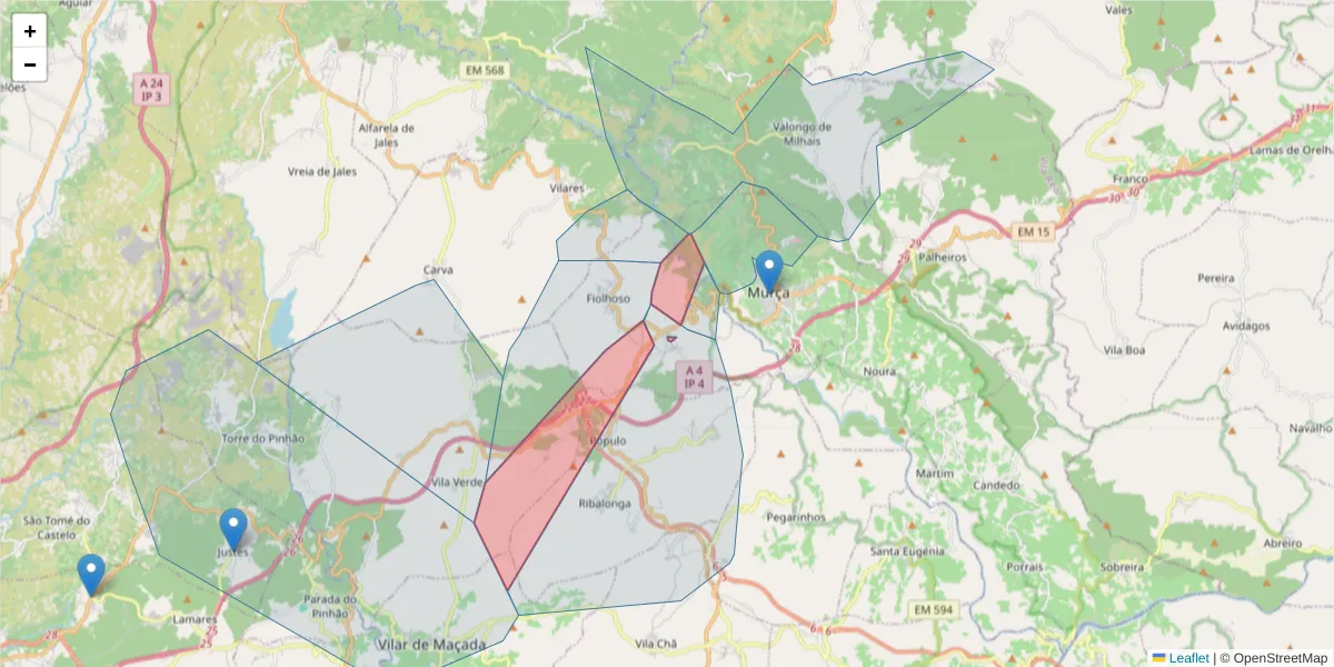 Mapa detalhado do código postal 5090-053 com limites, códigos postais vizinhos e agências dos correios