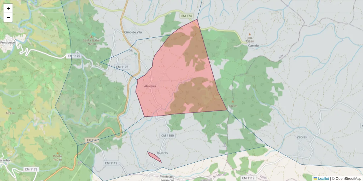 Mapa detalhado do código postal 5090-071 com limites, códigos postais vizinhos e agências dos correios