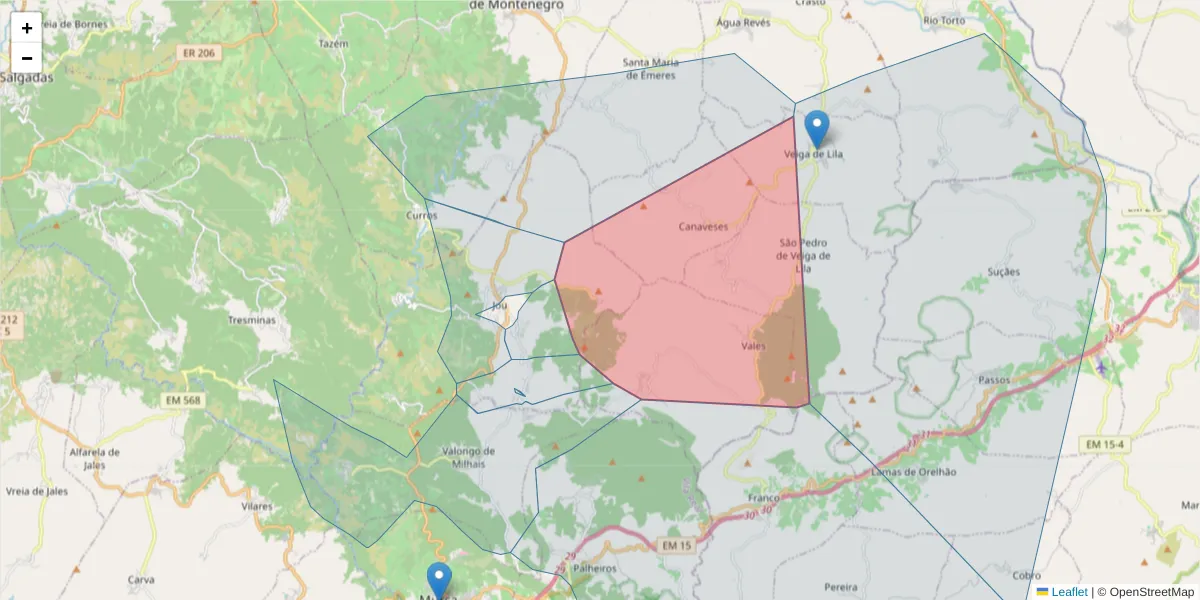 Mapa detalhado do código postal 5090-073 com limites, códigos postais vizinhos e agências dos correios