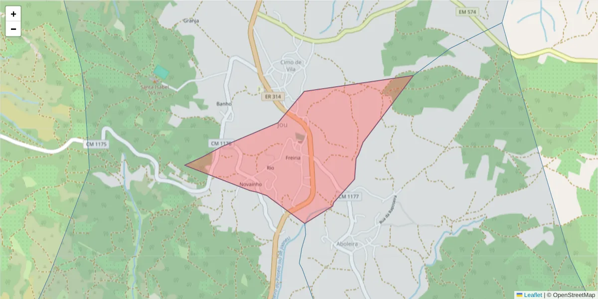 Mapa detalhado do código postal 5090-074 com limites, códigos postais vizinhos e agências dos correios