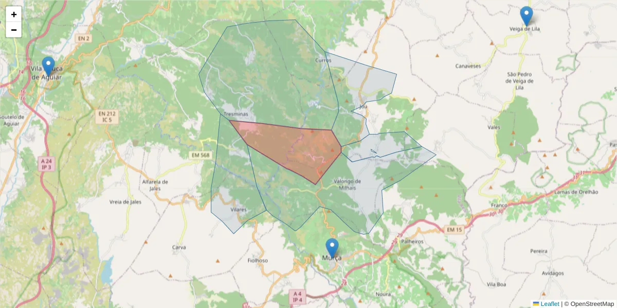 Mapa detalhado do código postal 5090-077 com limites, códigos postais vizinhos e agências dos correios