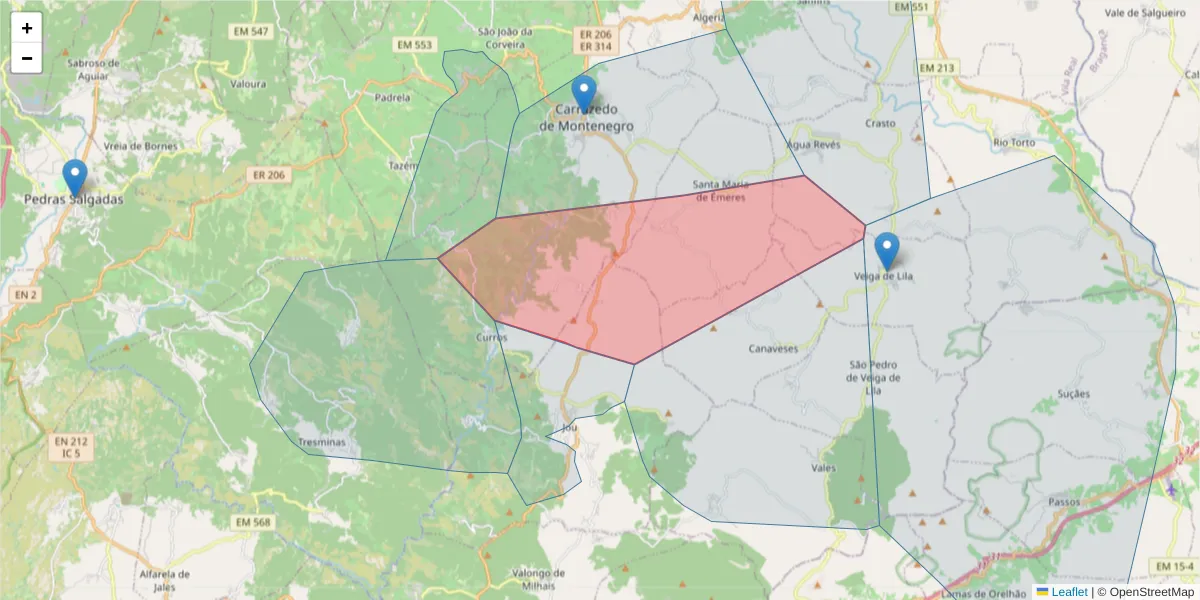 Mapa detalhado do código postal 5090-082 com limites, códigos postais vizinhos e agências dos correios