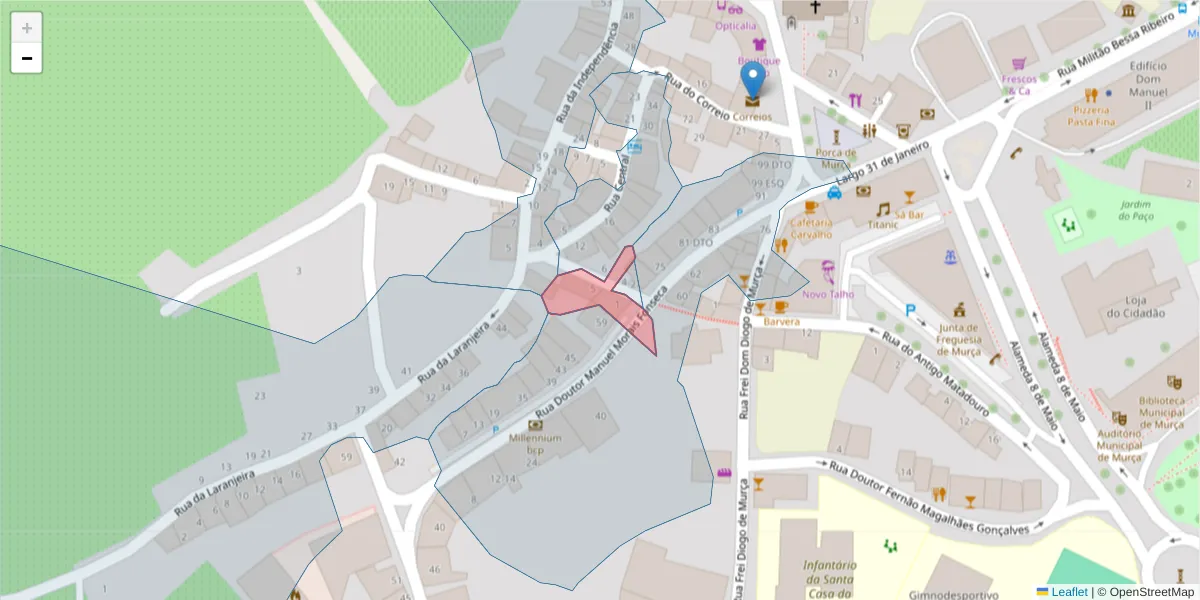 Mapa detalhado do código postal 5090-141 com limites, códigos postais vizinhos e agências dos correios