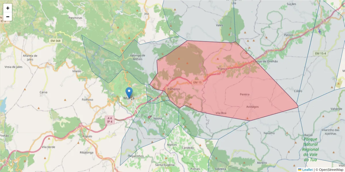 Mapa detalhado do código postal 5090-210 com limites, códigos postais vizinhos e agências dos correios