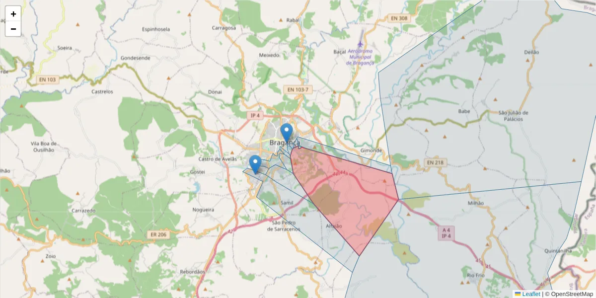 Mapa detalhado do código postal 5300-025 com limites, códigos postais vizinhos e agências dos correios