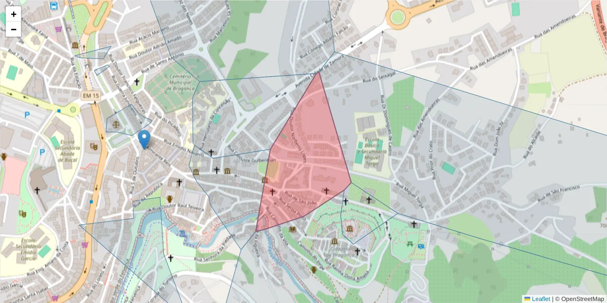 Mapa detalhado do código postal 5300-034 com limites, códigos postais vizinhos e agências dos correios