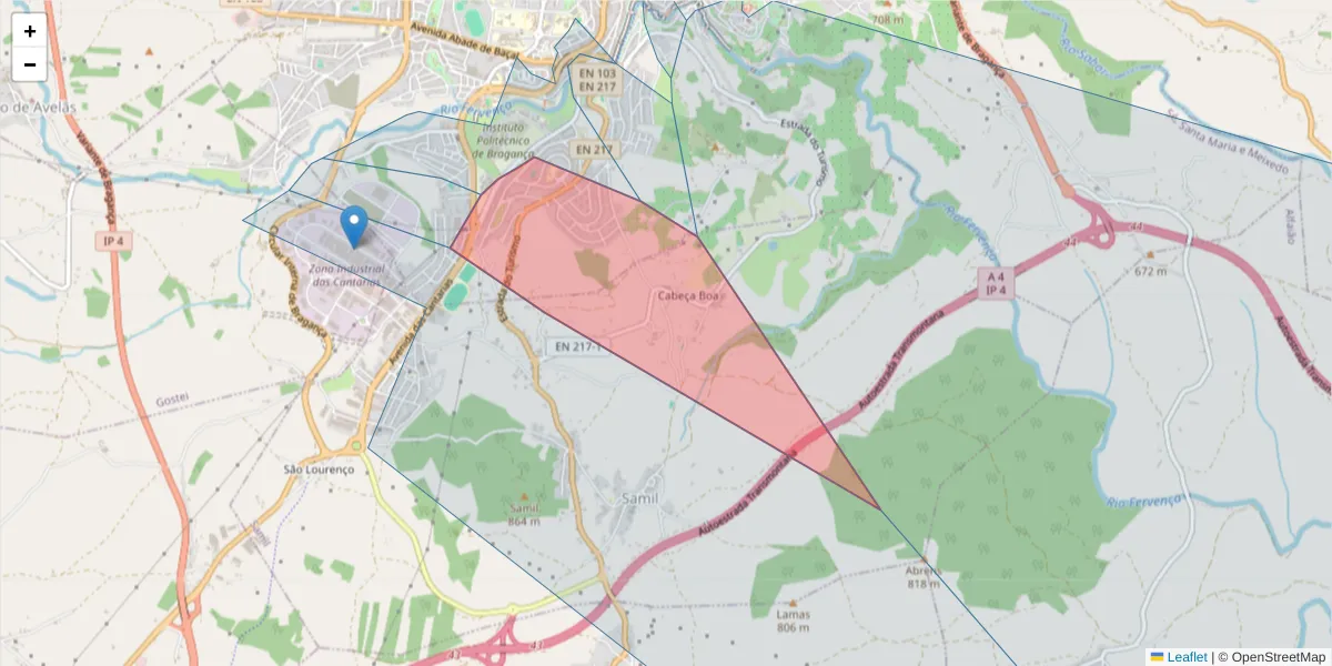 Mapa detalhado do código postal 5300-253 com limites, códigos postais vizinhos e agências dos correios