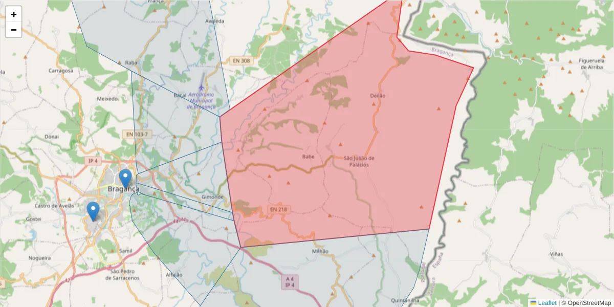 Mapa detalhado do código postal 5300-421 com limites, códigos postais vizinhos e agências dos correios