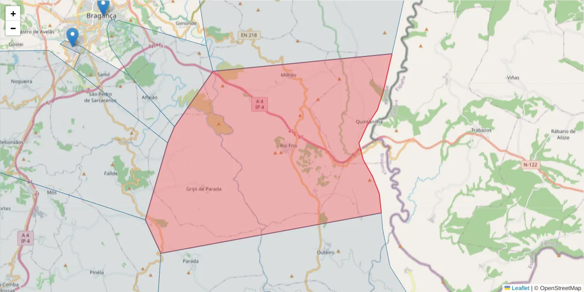 Mapa detalhado do código postal 5300-831 com limites, códigos postais vizinhos e agências dos correios