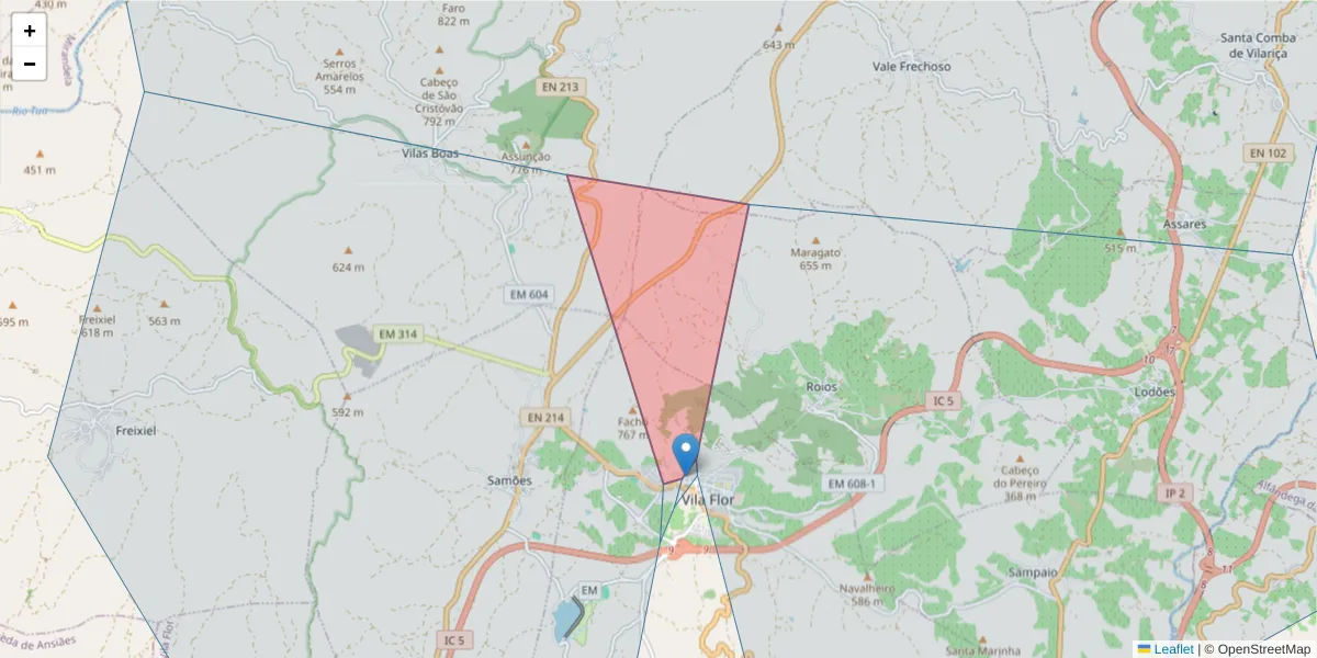 Mapa detalhado do código postal 5360-301 com limites, códigos postais vizinhos e agências dos correios