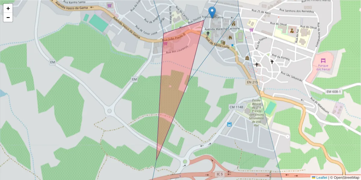 Mapa detalhado do código postal 5360-303 com limites, códigos postais vizinhos e agências dos correios