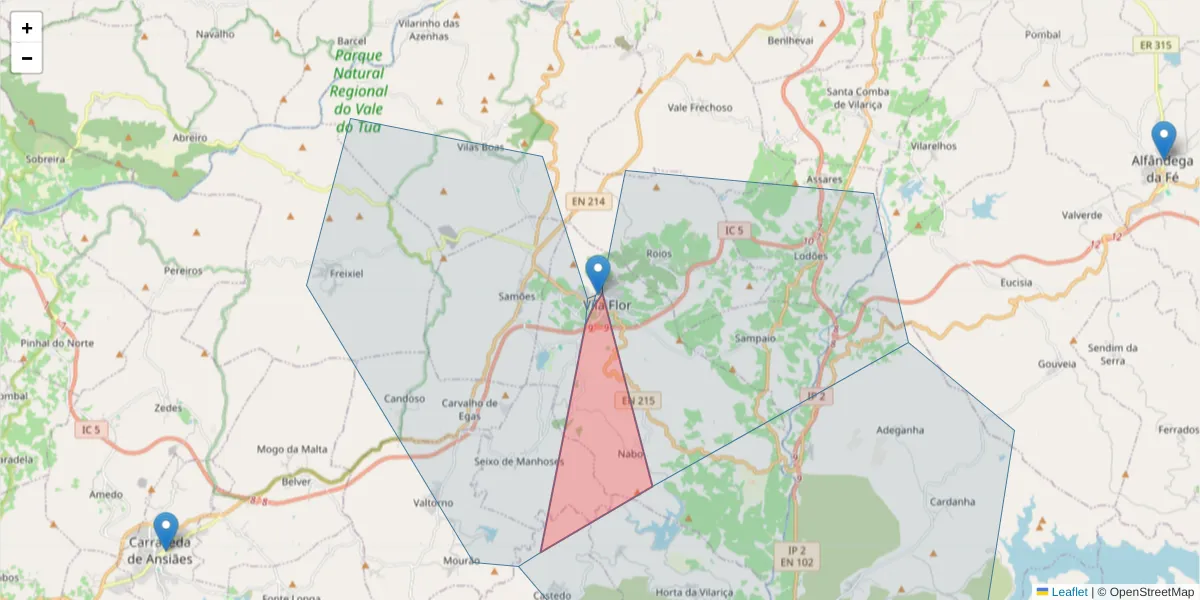 Mapa detalhado do código postal 5360-360 com limites, códigos postais vizinhos e agências dos correios