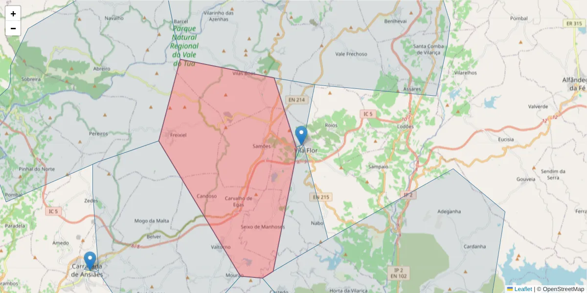 Mapa detalhado do código postal 5360-364 Vila Flor com limites, códigos postais vizinhos e agências dos correios