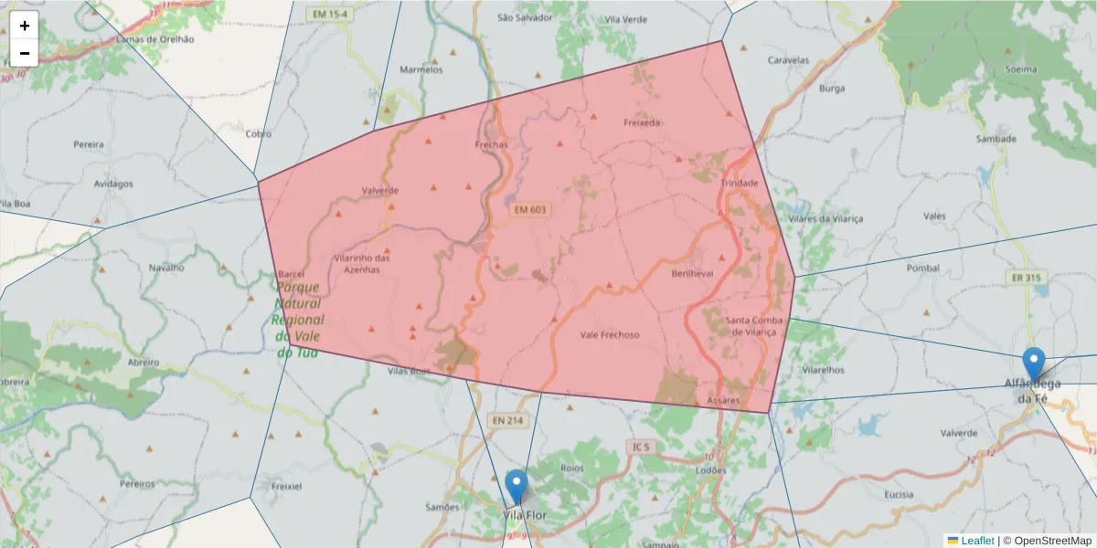 Mapa detalhado do código postal 5370-135 com limites, códigos postais vizinhos e agências dos correios