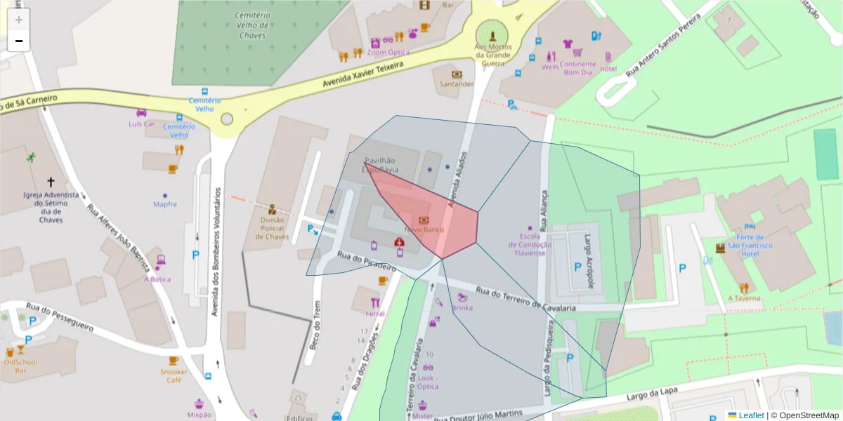 Mapa detalhado do código postal 5400-005 com limites, códigos postais vizinhos e agências dos correios