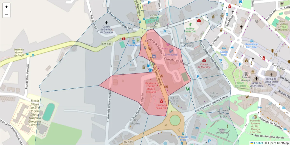 Mapa detalhado do código postal 5400-055 com limites, códigos postais vizinhos e agências dos correios