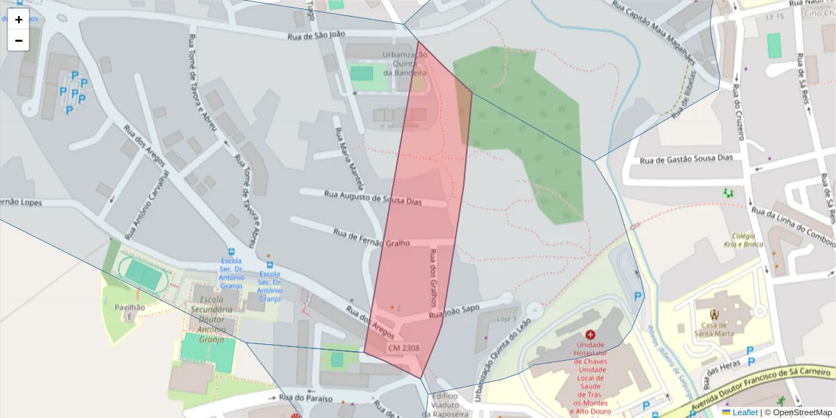 Mapa detalhado do código postal 5400-090 com limites, códigos postais vizinhos e agências dos correios