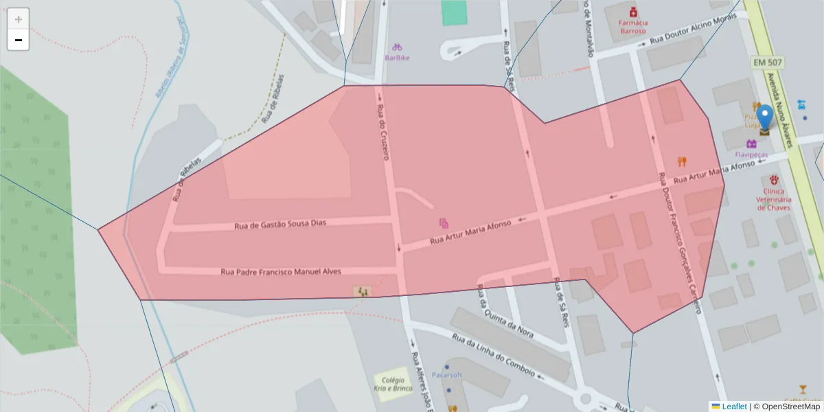 Mapa detalhado do código postal 5400-095 com limites, códigos postais vizinhos e agências dos correios