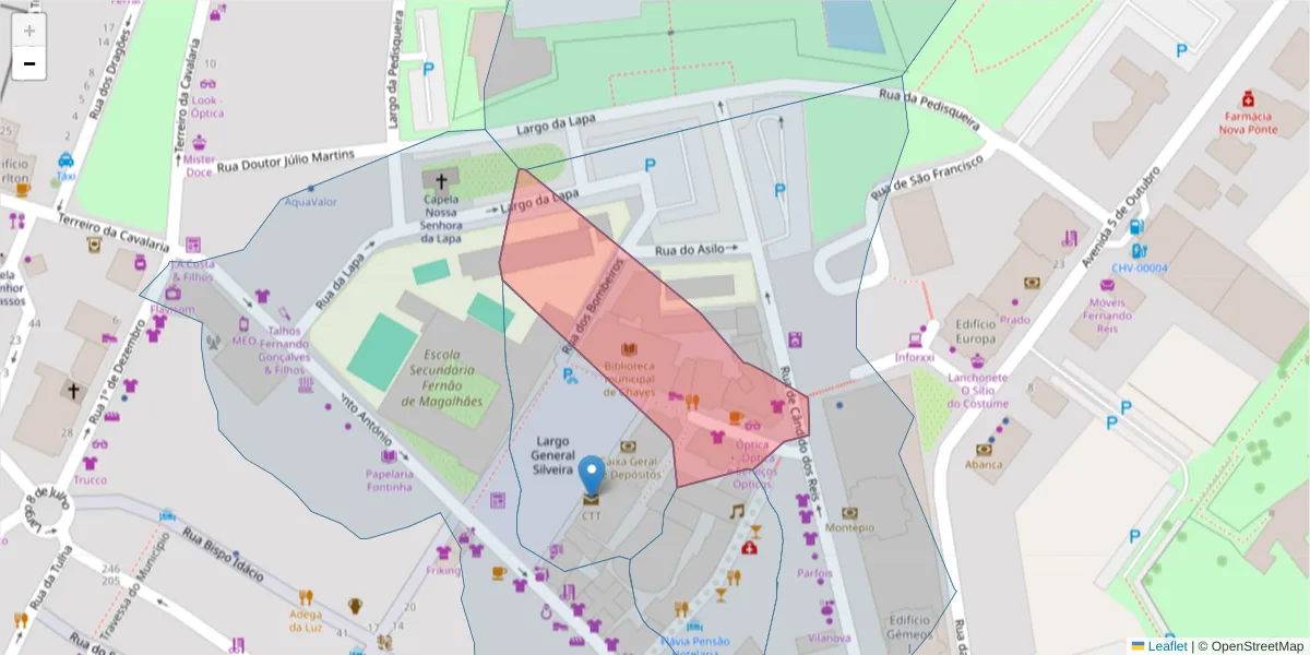 Mapa detalhado do código postal 5400-114 com limites, códigos postais vizinhos e agências dos correios