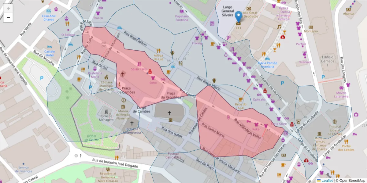 Mapa detalhado do código postal 5400-220 com limites, códigos postais vizinhos e agências dos correios