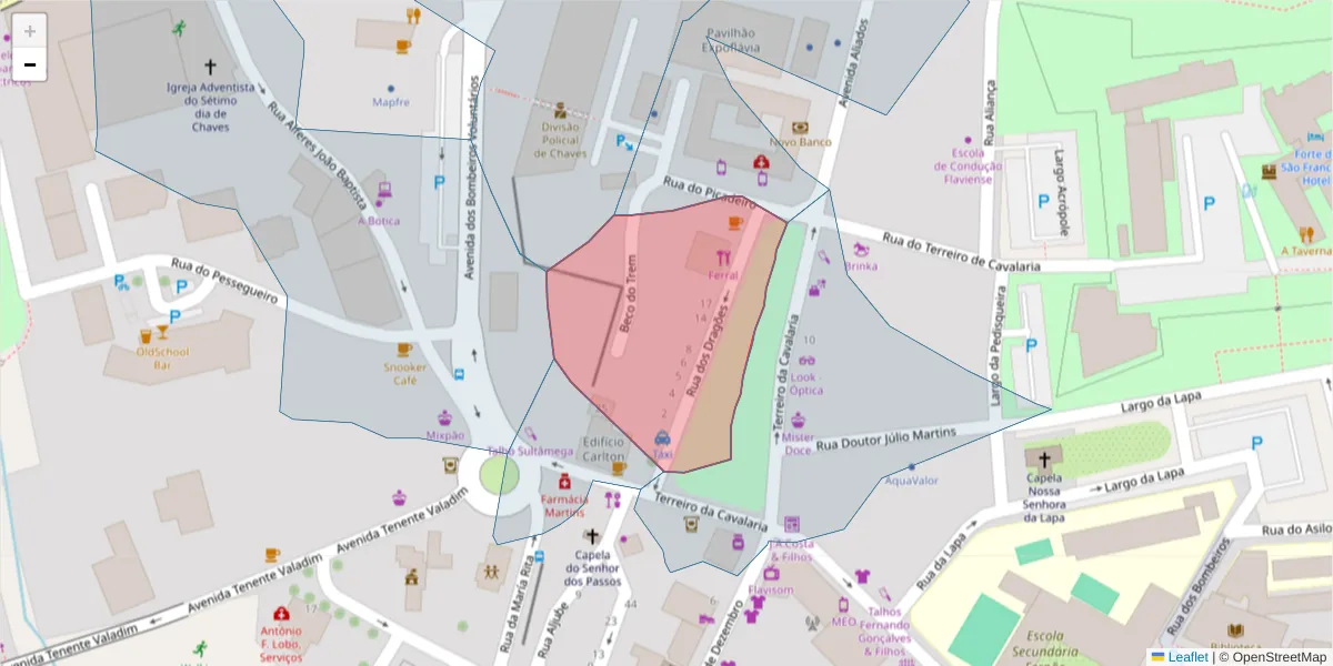 Mapa detalhado do código postal 5400-221 com limites, códigos postais vizinhos e agências dos correios
