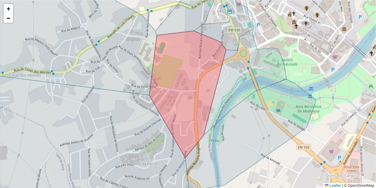 Mapa detalhado do código postal 5400-240 com limites, códigos postais vizinhos e agências dos correios