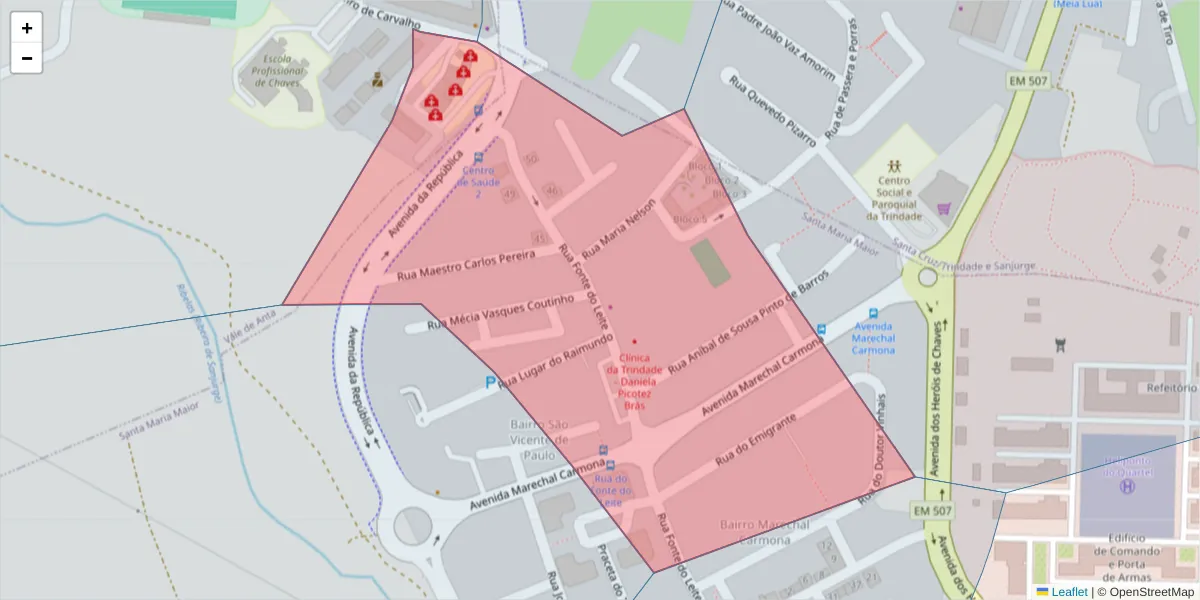 Mapa detalhado do código postal 5400-261 com limites, códigos postais vizinhos e agências dos correios