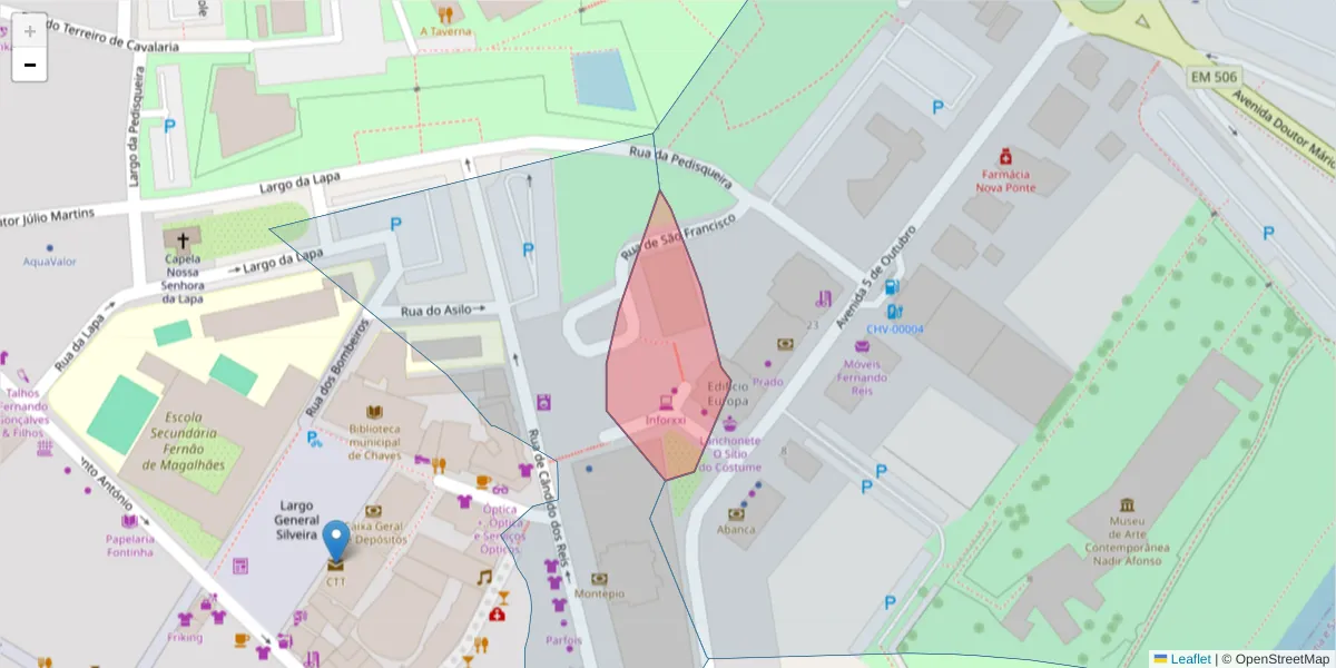 Mapa detalhado do código postal 5400-263 com limites, códigos postais vizinhos e agências dos correios
