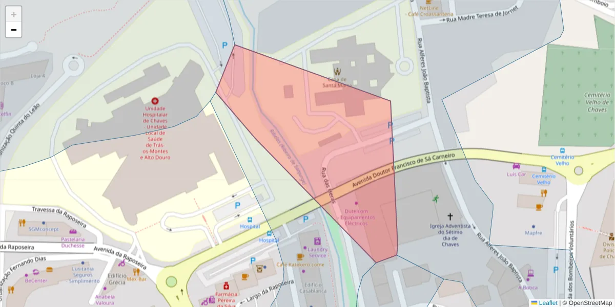 Mapa detalhado do código postal 5400-300 com limites, códigos postais vizinhos e agências dos correios