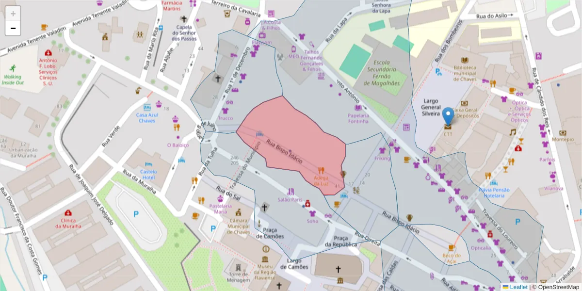 Mapa detalhado do código postal 5400-303 com limites, códigos postais vizinhos e agências dos correios