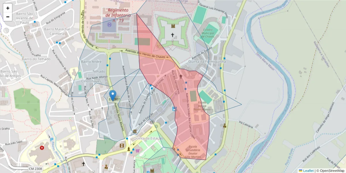 Mapa detalhado do código postal 5400-310 com limites, códigos postais vizinhos e agências dos correios
