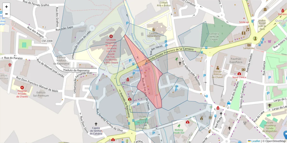 Mapa detalhado do código postal 5400-318 com limites, códigos postais vizinhos e agências dos correios